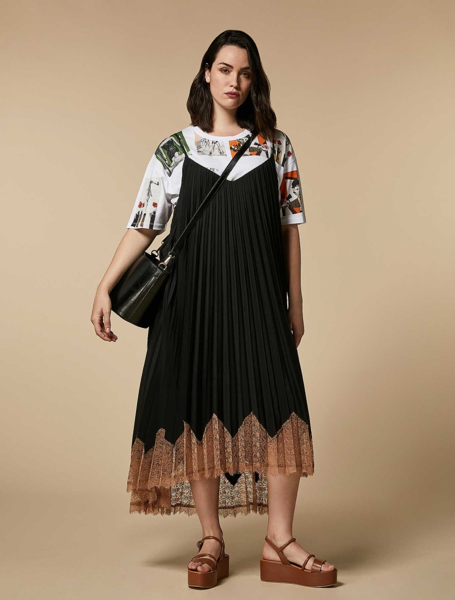 Dresses | Marina Rinaldi Lace-Adorned Crepe De Chine Dress