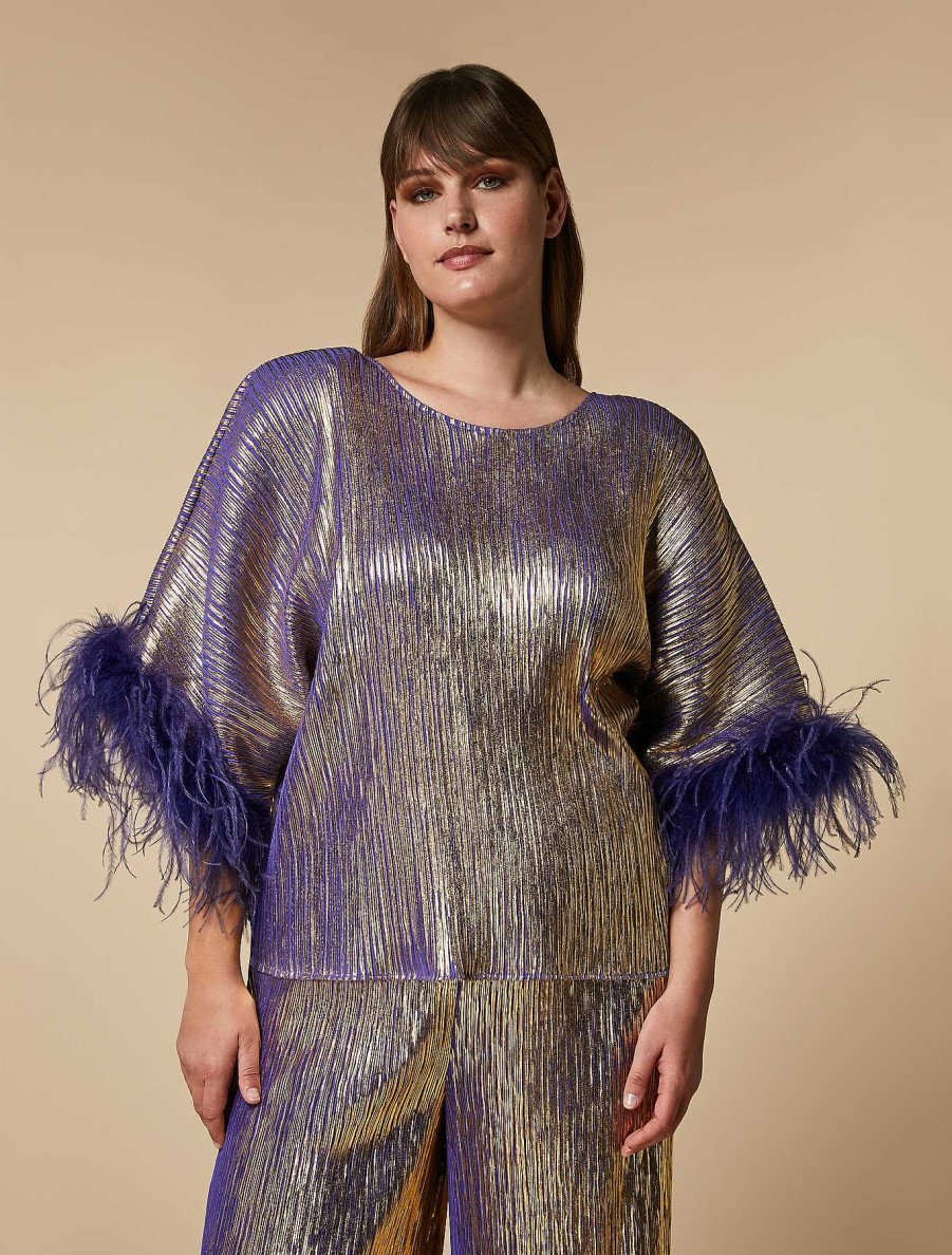 Blouses & Shirts | Marina Rinaldi Metallic Top With Feathers